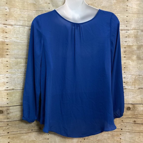 Avenue Size 18 20 Popover Blouse Blue Semi Sheer Keyhole Neck Silver Oval Accent - Picture 2 of 9